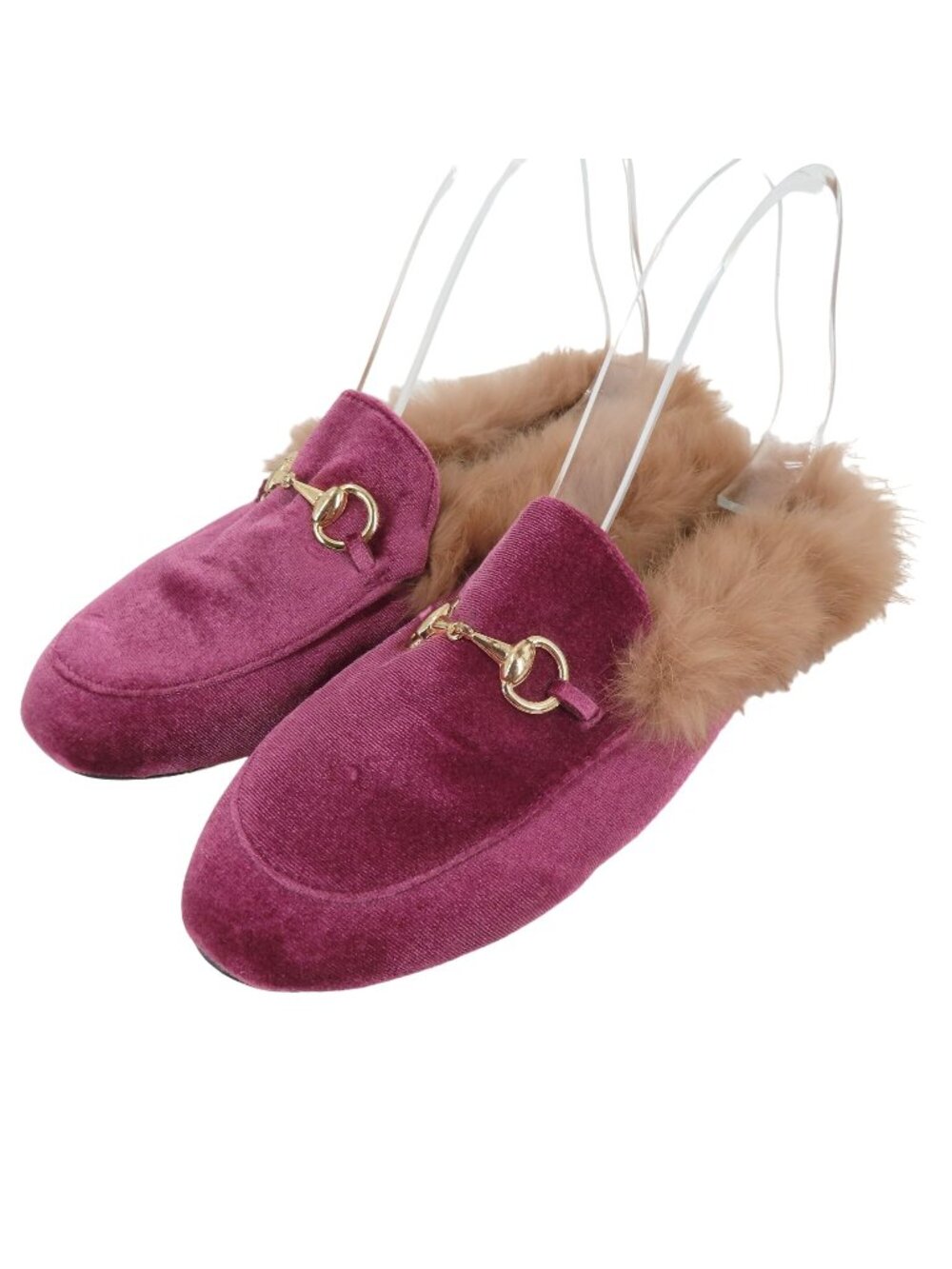 Womens 39 Purple Pink Velvet Gold Metal Horse Bit Brown Rabbit Fur Slide Shoes